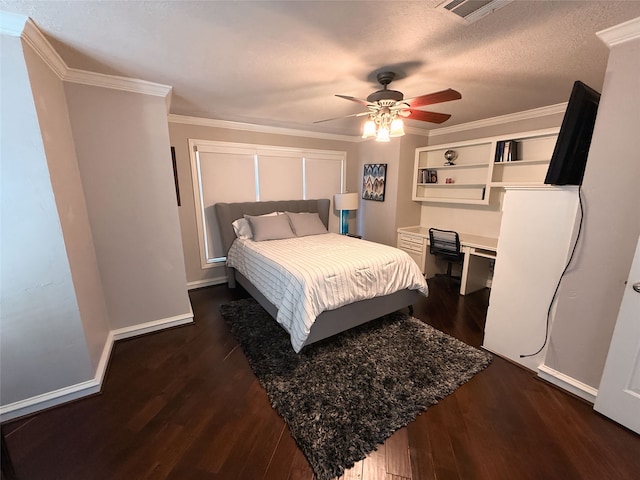 bedroom with crown molding, ceiling fan, dark hardwood / wood-style floors, and a textured ceiling