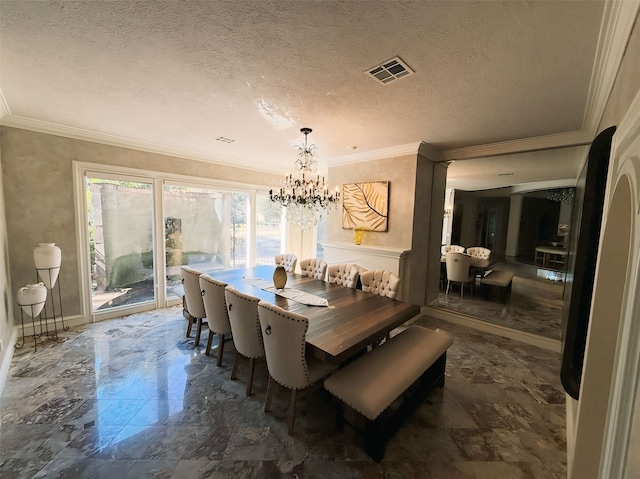 dining area featuring ornamental molding, a notable chandelier, and a textured ceiling