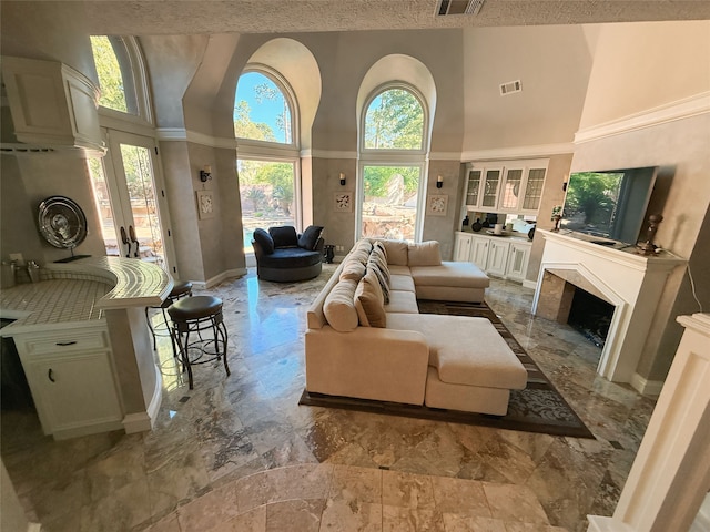 living room with a textured ceiling, a healthy amount of sunlight, and a high ceiling