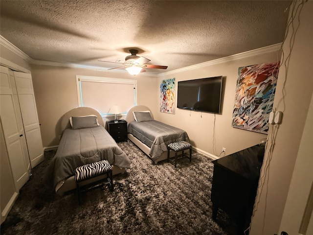 bedroom featuring a textured ceiling, crown molding, carpet, and ceiling fan