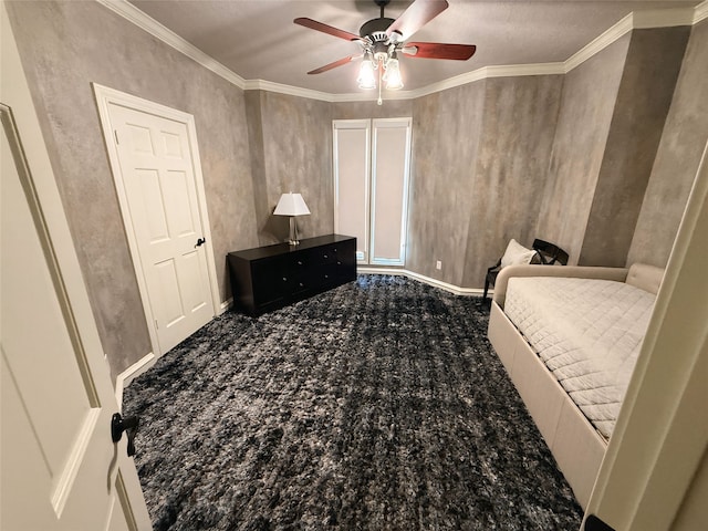 carpeted bedroom featuring ornamental molding and ceiling fan