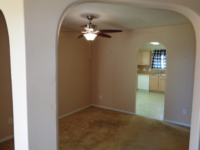 spare room featuring carpet, sink, and ceiling fan