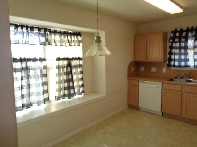 kitchen with sink, white dishwasher, and decorative light fixtures