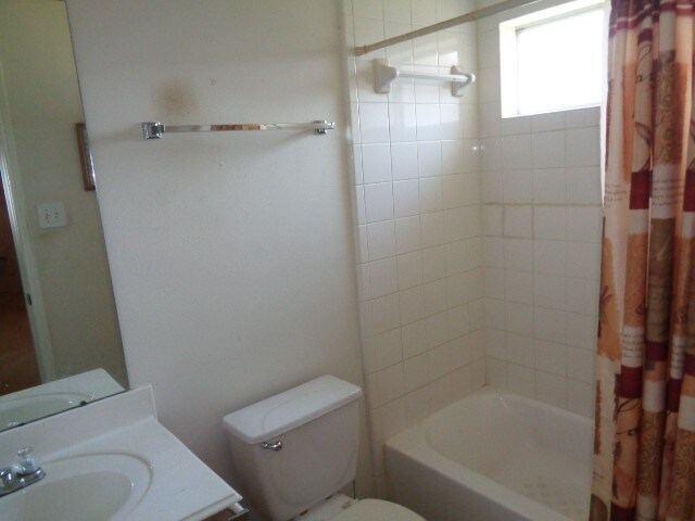 full bathroom featuring shower / bath combo with shower curtain, vanity, and toilet