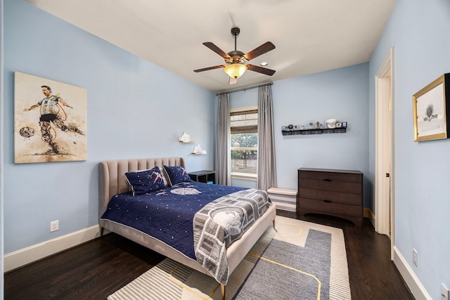 bedroom with ceiling fan and dark wood-type flooring