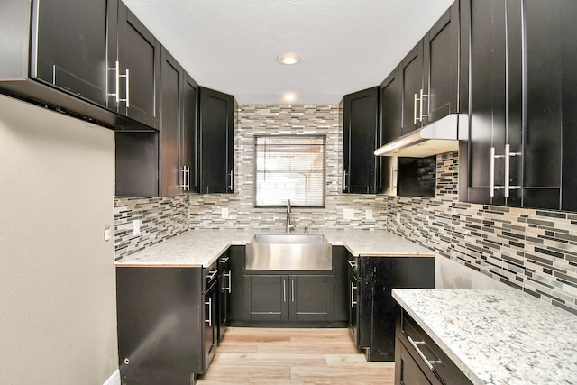 kitchen with light hardwood / wood-style flooring, light stone countertops, tasteful backsplash, and sink