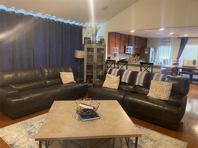 living room with lofted ceiling and dark wood-type flooring