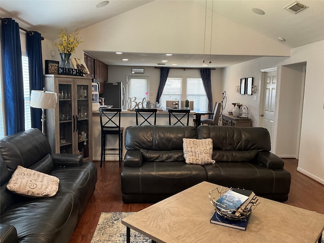 living room featuring vaulted ceiling and dark wood-type flooring