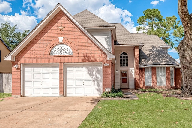 5110 Prairie Creek Dr, Houston, TX 77084 - view of front of home with concrete driveway, brick siding, a shingled roof, a front lawn, and a garage