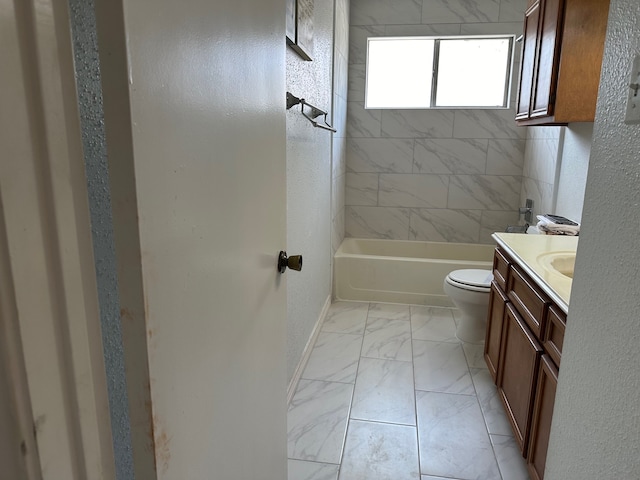 full bathroom with toilet, tiled shower / bath combo, and vanity