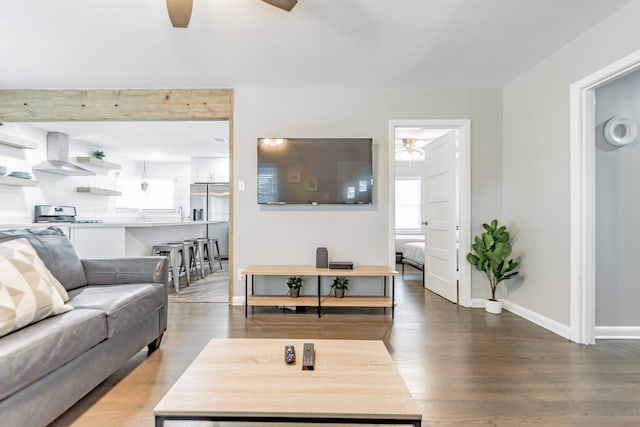 living room featuring hardwood / wood-style floors and ceiling fan