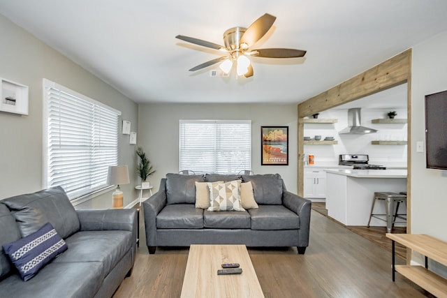 living room featuring ceiling fan and dark hardwood / wood-style floors