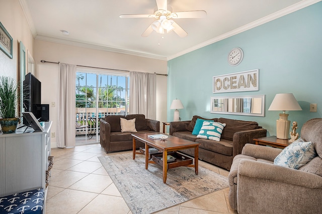 tiled living room featuring ornamental molding and ceiling fan