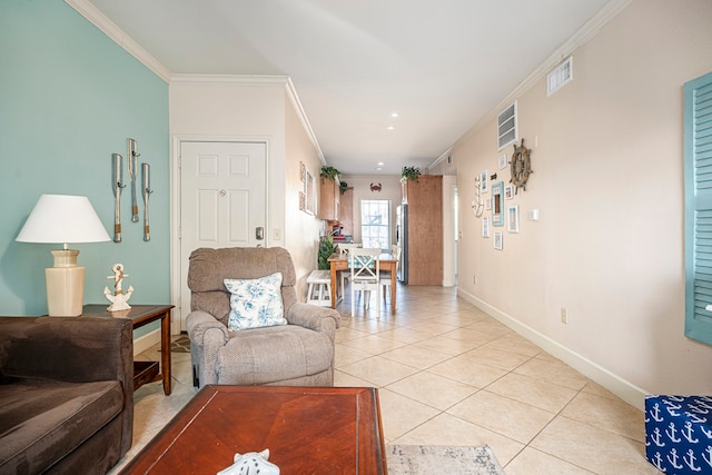 tiled living room with crown molding