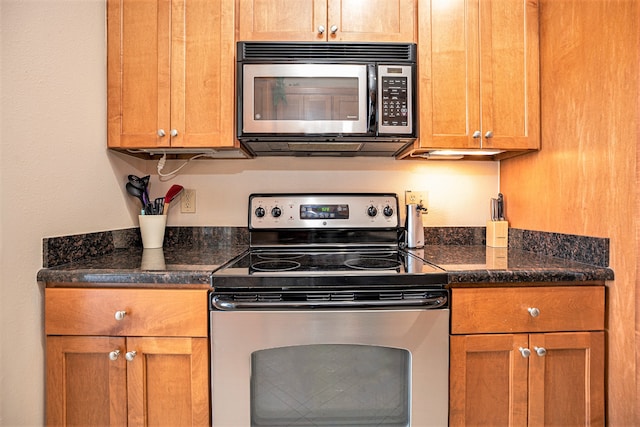 kitchen featuring dark stone countertops and stainless steel appliances