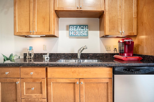 kitchen with dark stone counters, sink, and stainless steel dishwasher