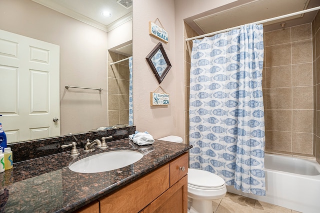 full bathroom featuring vanity, shower / bath combo, tile patterned floors, crown molding, and toilet