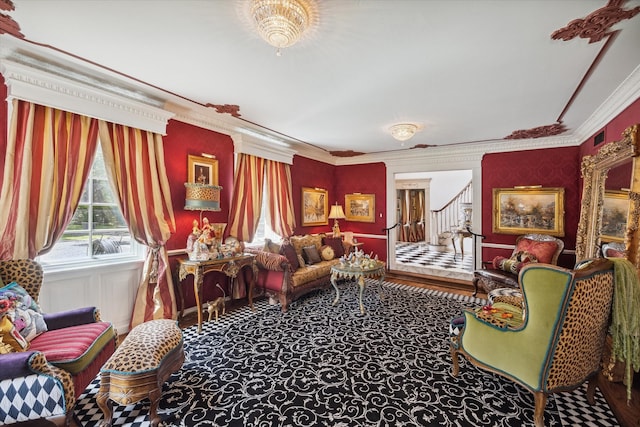 sitting room with ornamental molding