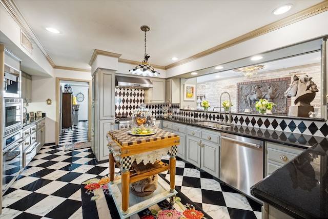 kitchen featuring ornamental molding, sink, gray cabinetry, wall chimney exhaust hood, and stainless steel appliances