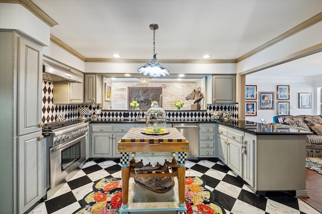 kitchen with gray cabinetry, tasteful backsplash, wall chimney exhaust hood, stainless steel appliances, and ornamental molding