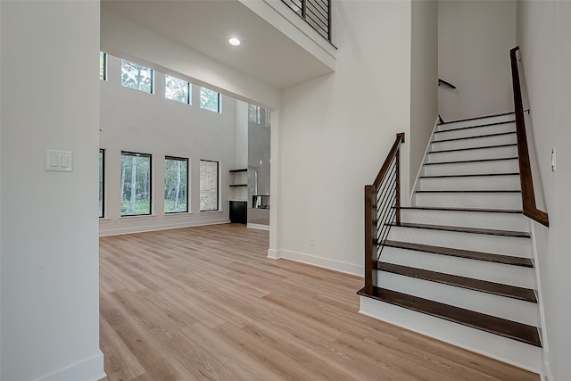 entryway featuring a high ceiling and light hardwood / wood-style flooring