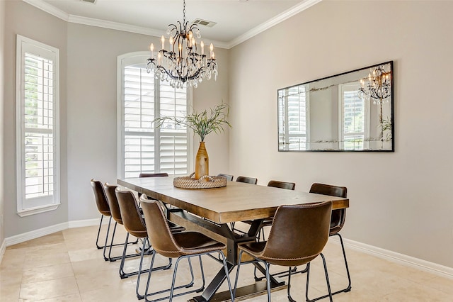 tiled dining space featuring crown molding, a wealth of natural light, and a chandelier