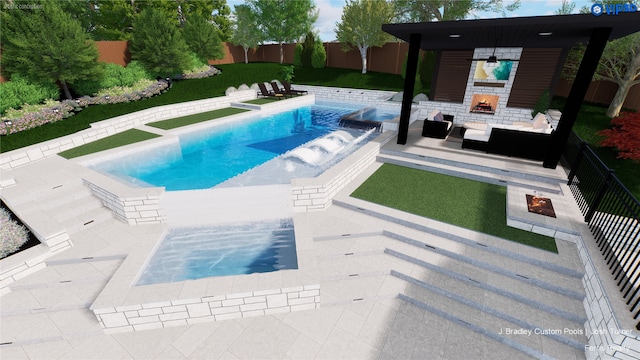 view of pool with a patio area and an outdoor fireplace