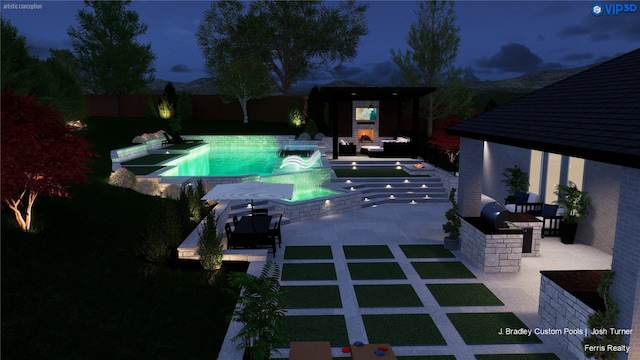 pool at twilight with a gazebo, a patio area, exterior kitchen, and exterior fireplace