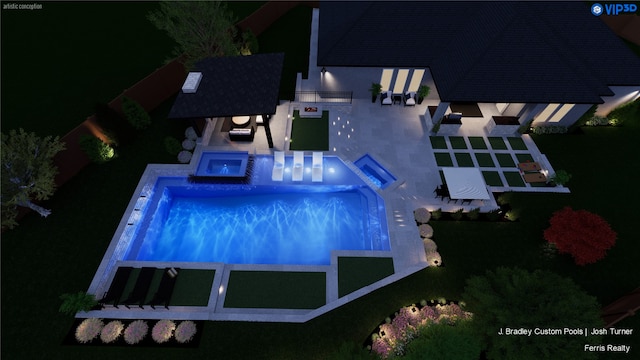 view of swimming pool with outdoor lounge area, an in ground hot tub, a patio, and an outdoor kitchen