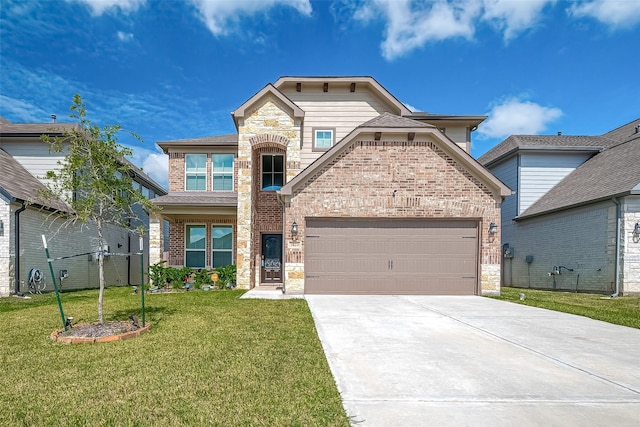 3423 Hackberry Tree Ln, Katy, TX 77449 - view of front of home with brick siding, a front yard, concrete driveway, an attached garage, and stone siding