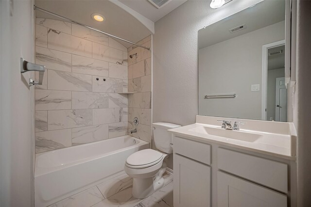 3423 Hackberry Tree Ln, Katy, TX 77449 - bathroom with marble look tiles, toilet, vanity, bathtub / shower combination, and recessed lighting