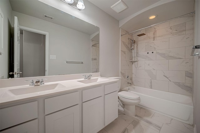 3423 Hackberry Tree Ln, Katy, TX 77449 - full bathroom with marble finish flooring, toilet, double vanity, shower / tub combination, and recessed lighting