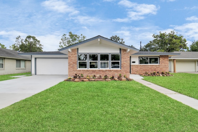 single story home featuring a front yard and a garage