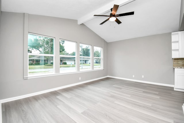 unfurnished living room featuring light hardwood / wood-style floors, lofted ceiling with beams, and ceiling fan