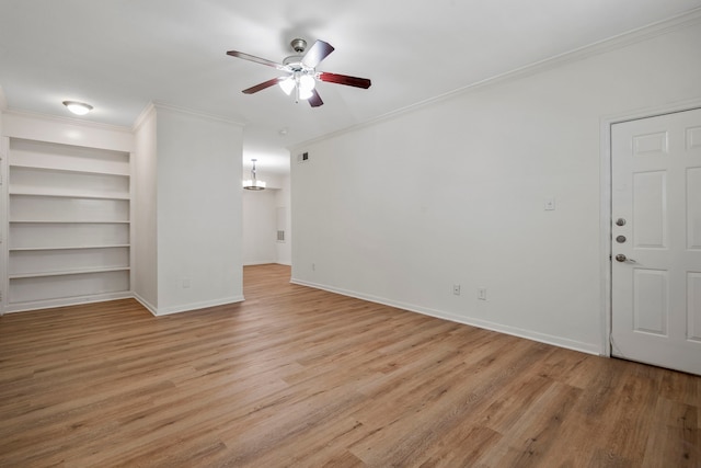 unfurnished living room with light hardwood / wood-style flooring, ceiling fan, ornamental molding, and built in features