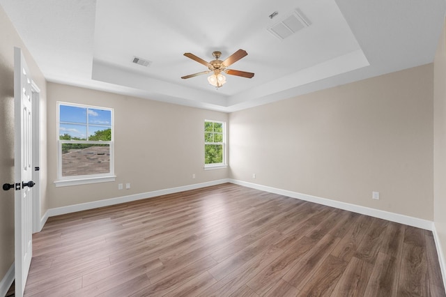 unfurnished room featuring wood-type flooring, a raised ceiling, and a wealth of natural light