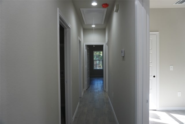 corridor featuring dark wood-type flooring