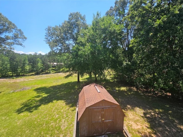 view of yard featuring a storage shed