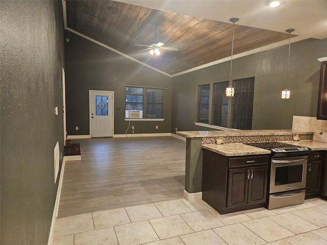 kitchen featuring light wood-type flooring, pendant lighting, stainless steel electric stove, wood ceiling, and lofted ceiling