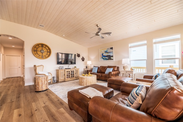 living room featuring ceiling fan, vaulted ceiling, hardwood / wood-style floors, and wooden ceiling