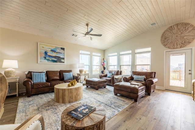 living room featuring ceiling fan, vaulted ceiling, wood ceiling, and hardwood / wood-style floors