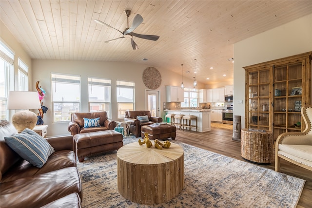 living room with ceiling fan, sink, hardwood / wood-style flooring, wooden ceiling, and vaulted ceiling