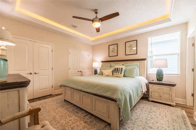 bedroom featuring two closets, a tray ceiling, ceiling fan, and light hardwood / wood-style floors