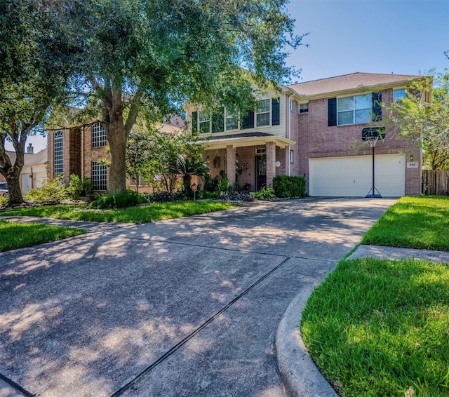 view of front facade with a garage, concrete driveway, and brick siding