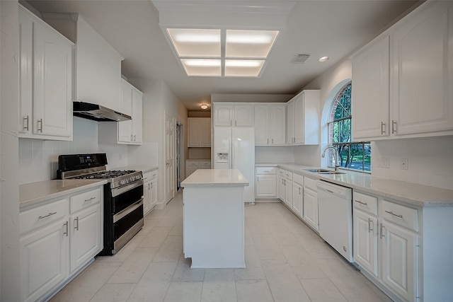 kitchen with exhaust hood, a kitchen island, white cabinetry, sink, and white appliances