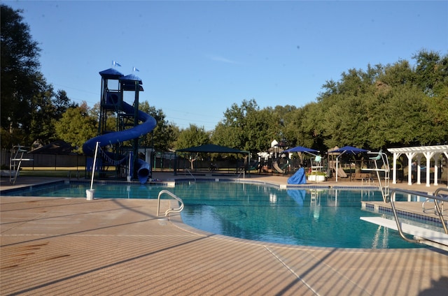 view of pool featuring a water slide