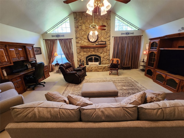 carpeted living room with ceiling fan, a fireplace, built in desk, and high vaulted ceiling