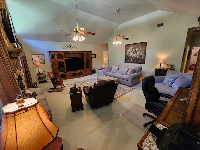 living room featuring light carpet, ceiling fan, and high vaulted ceiling