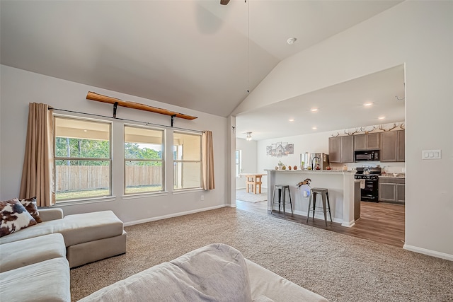 carpeted living room featuring high vaulted ceiling