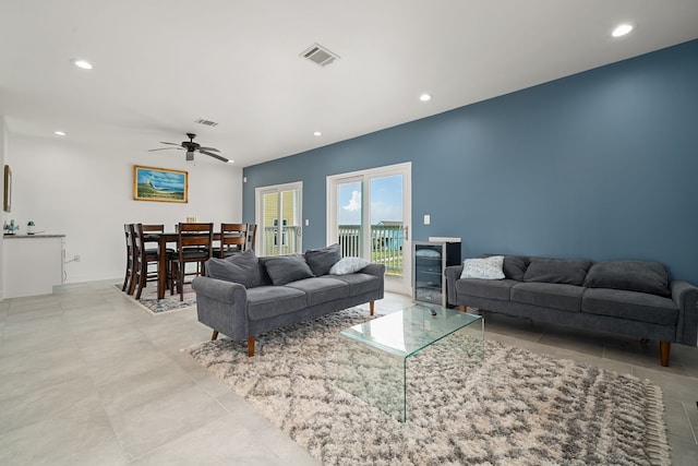 living room with ceiling fan